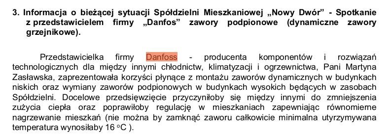 Protokół zebrania — punkt 3: Spotkanie z przedstawicielką firmy Danfoss w SM Nowy Dwór