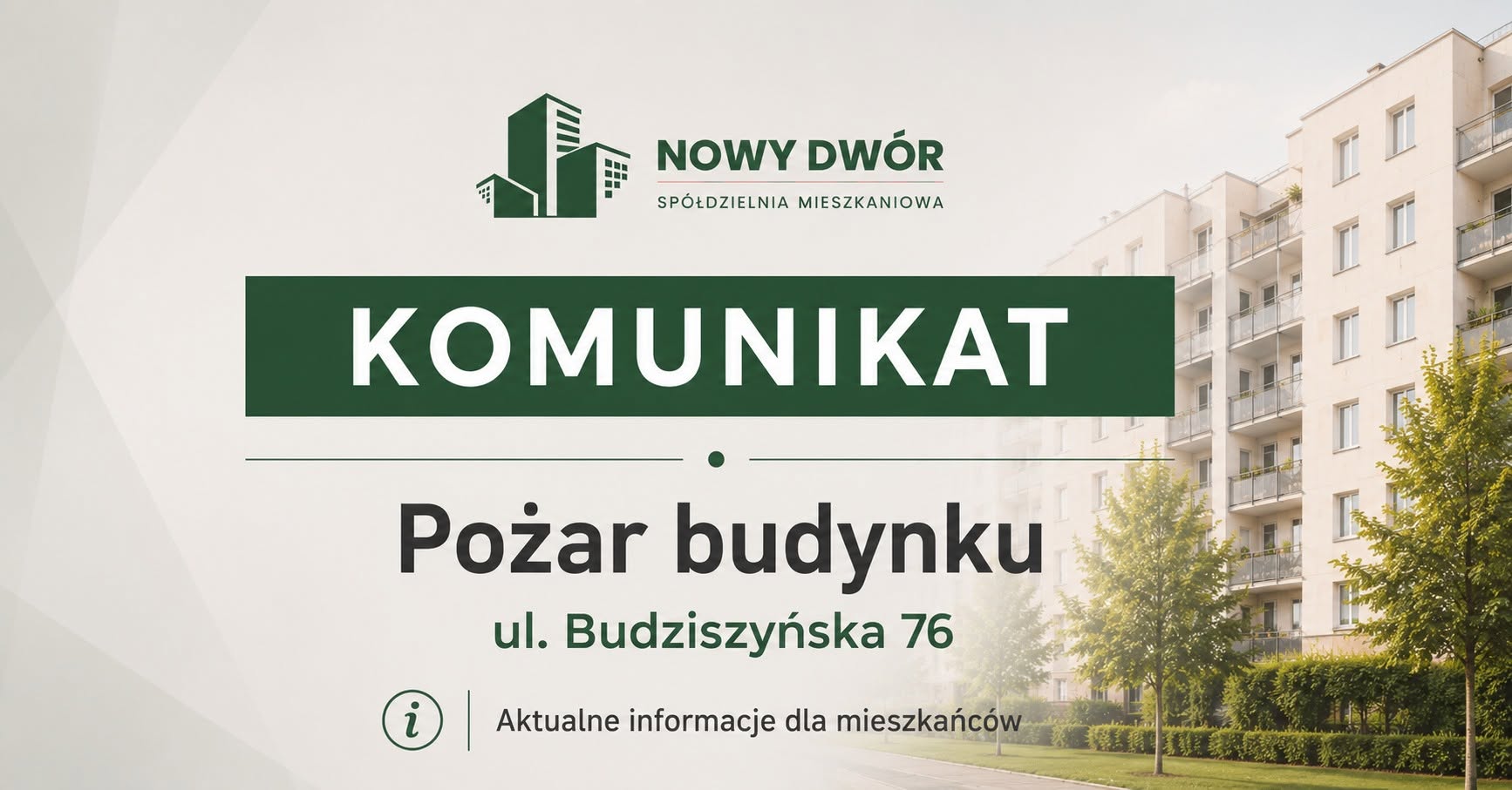 Komunikat Spółdzielni Mieszkaniowej Nowy Dwór — działania po pożarze przy ul. Budziszyńskiej 76