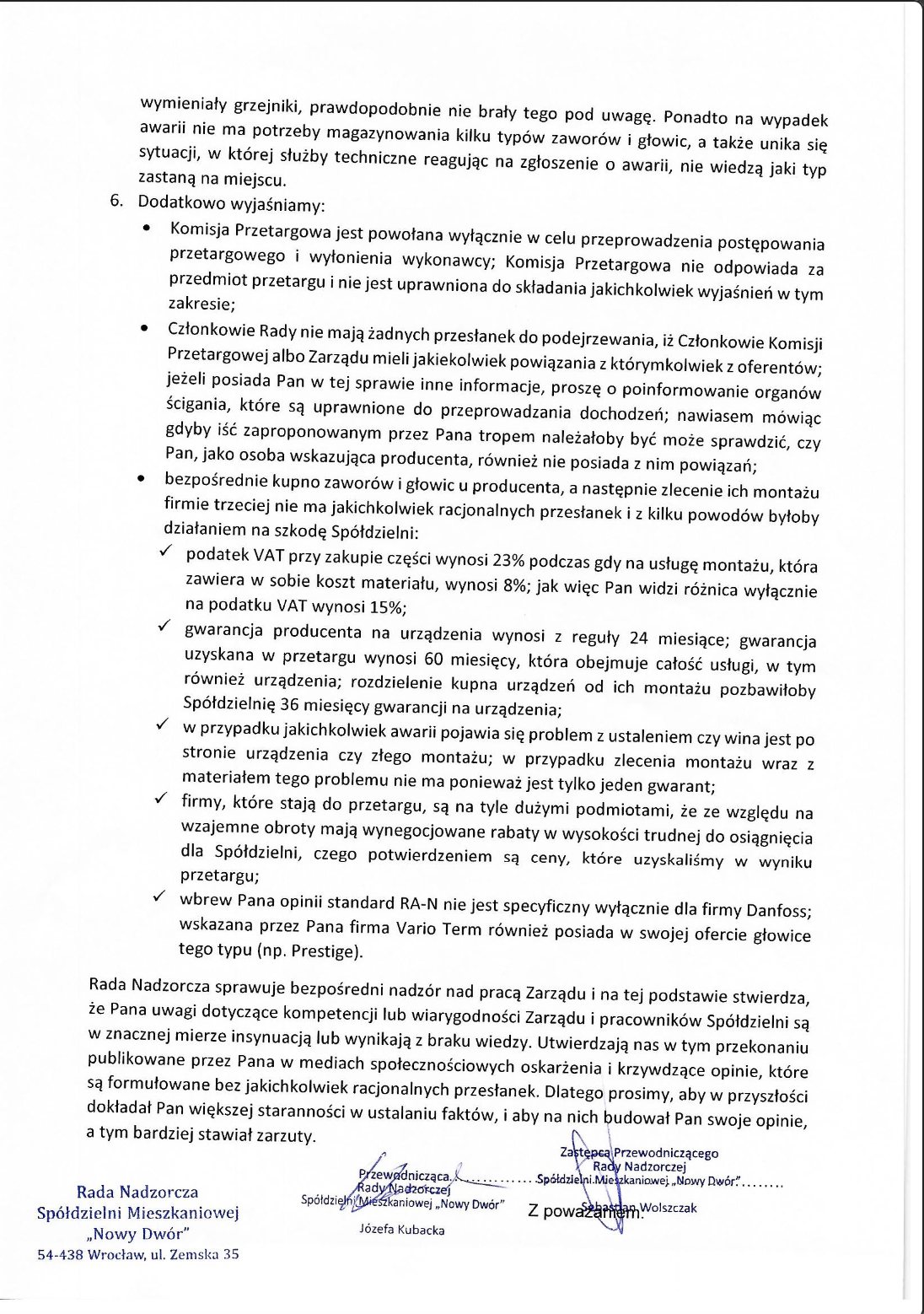 Odpowiedź Rady Nadzorczej SM Nowy Dwór na pismo mieszkańca — strona 2