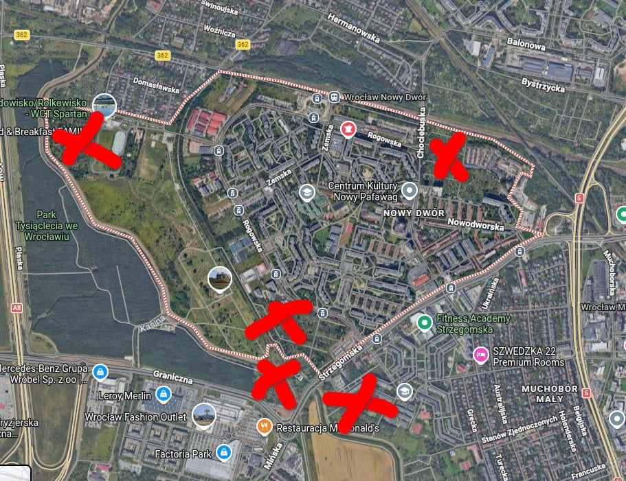 Mapa ogrodów działkowych wokół osiedla Nowy Dwór