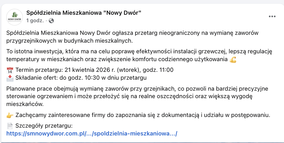 Post SM Nowy Dwór na Facebooku — ogłoszenie przetargu w niedzielę rano